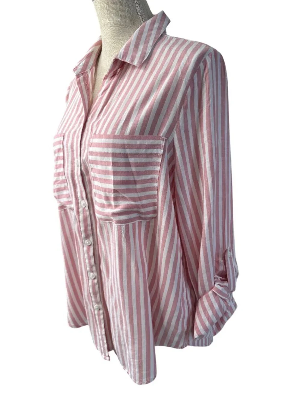 Casa Cabana Pink & White Striped Button-Up Shirt With Pockets Roll-Up Sleeves - Picture 2 of 8